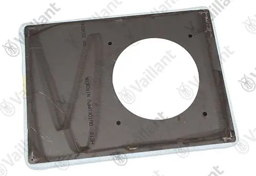 Vaillant Platte mit kreisförmigem Ausschnitt und mehreren Montagebohrungen, auf braunem Untergrund, in rechteckiger Form.